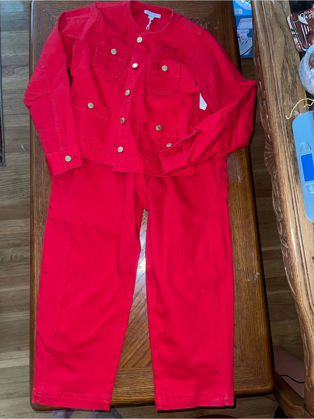 Women's Red Cotton Blend Blazer and Pant Set by